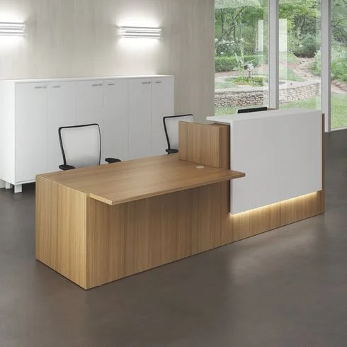 Birou de recepție J4 nuc/alb L 286 cm cu modul jos dreapta